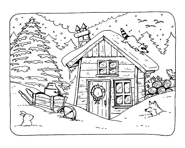 Desenho para colorir de uma bela casa de campo e jardim · Creative Fabrica
